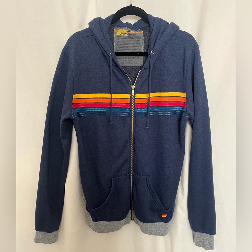 Aviator Nation Dark Blue Hoodie with Multicolor Stripes